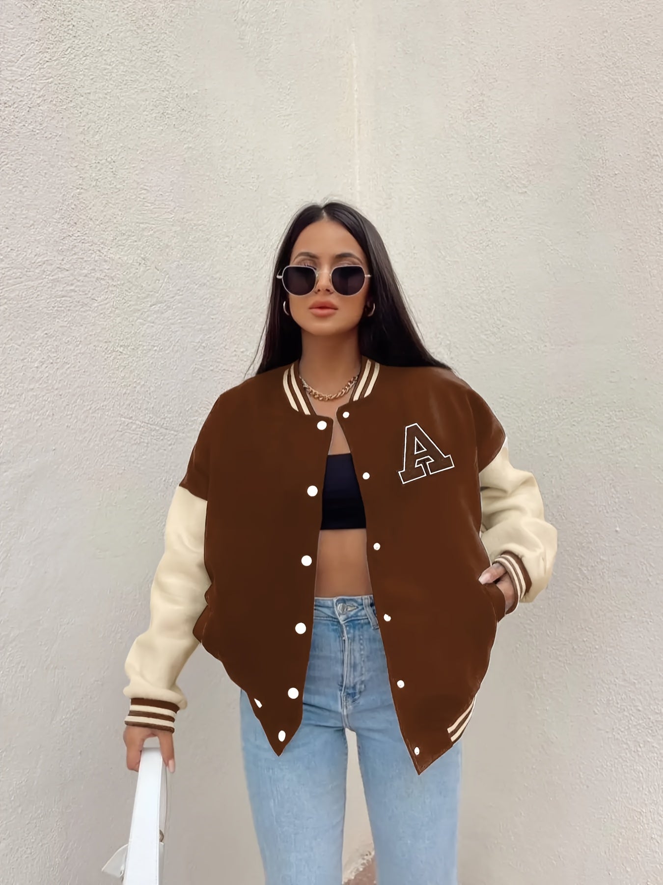 Women's Color Block Letter Print Bomber Jacket - Casual Crop Jacket with Button Front Pockets MyFave Boutique