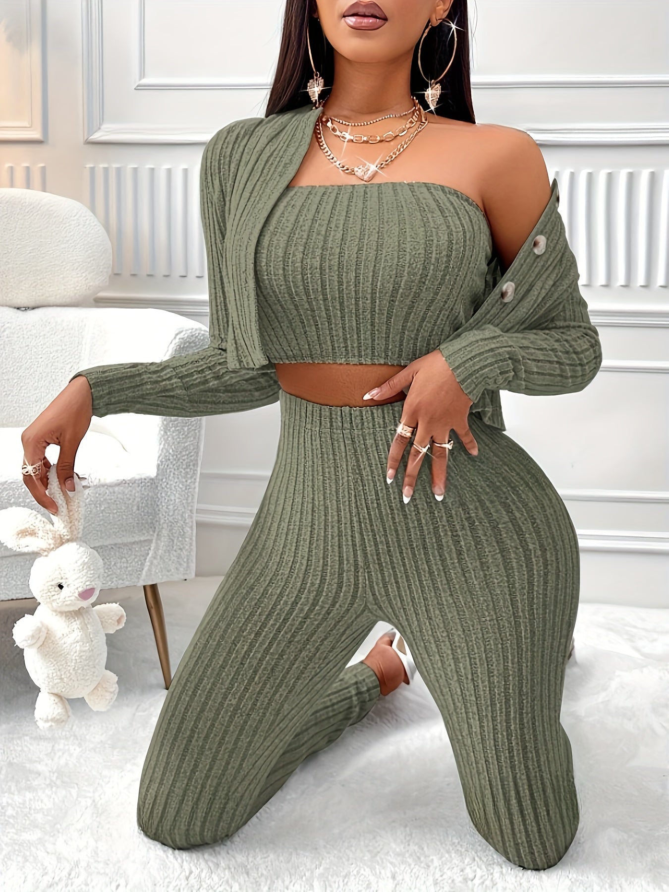 Casual Three Piece Set, Strapless Crop Tube Top, High Waist Skinny Leggings & Single Breasted Long Sleeve Cardigan, Women's Clothing MyFave Boutique