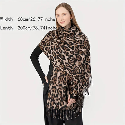 Mature Casual Leopard Tassel Scarf Stylish Imitation Cashmere Soft Warm Shawl Autumn Winter Elastic Coldproof Neck Scarf MyFave Boutique