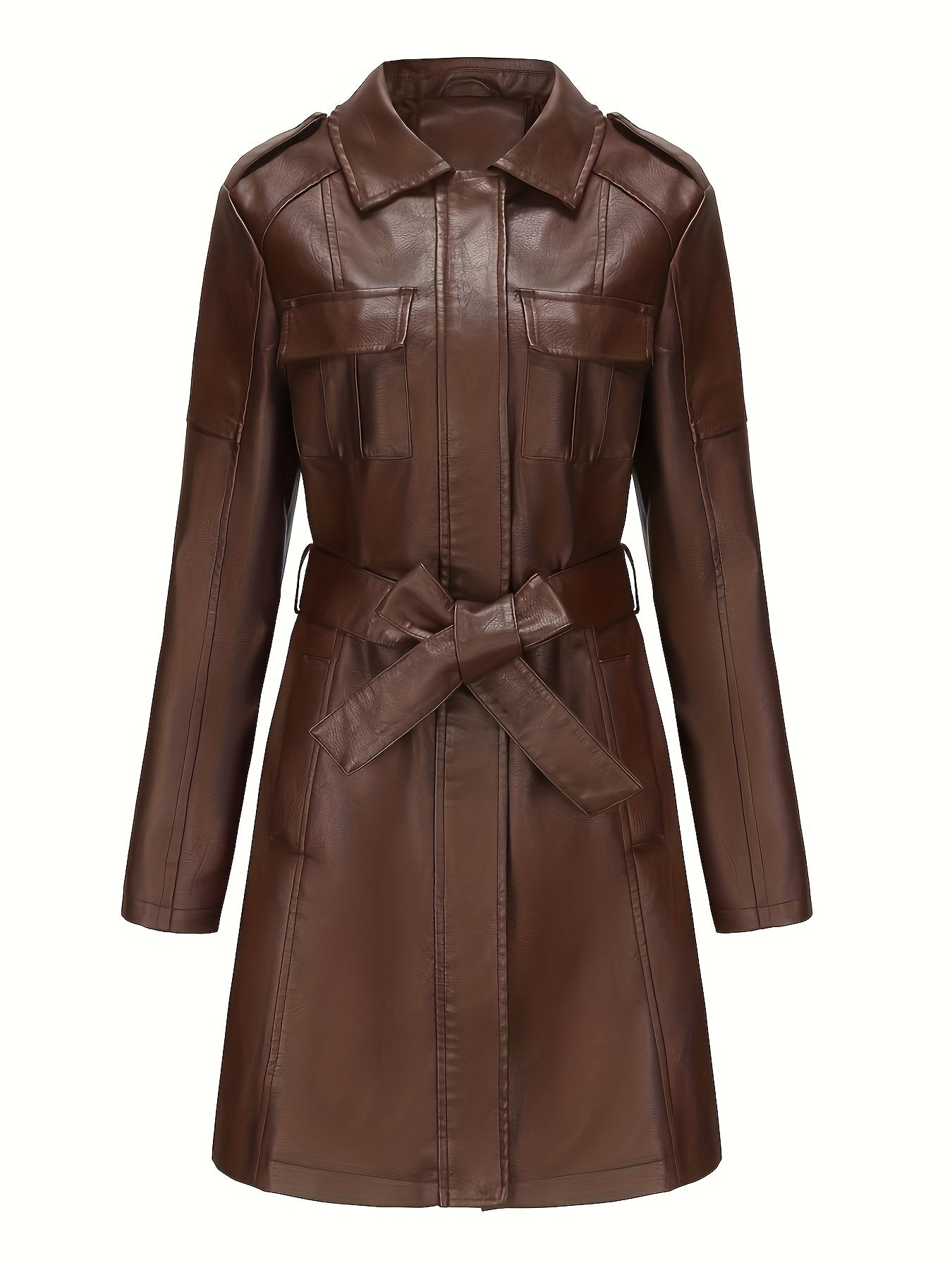 Women's Mid-Length Trench Coat With Waist Belt - Casual Fall/Winter Jacket, Turn-Down Collar Solid Color Long Sleeves Regular Fit Coat MyFave Boutique