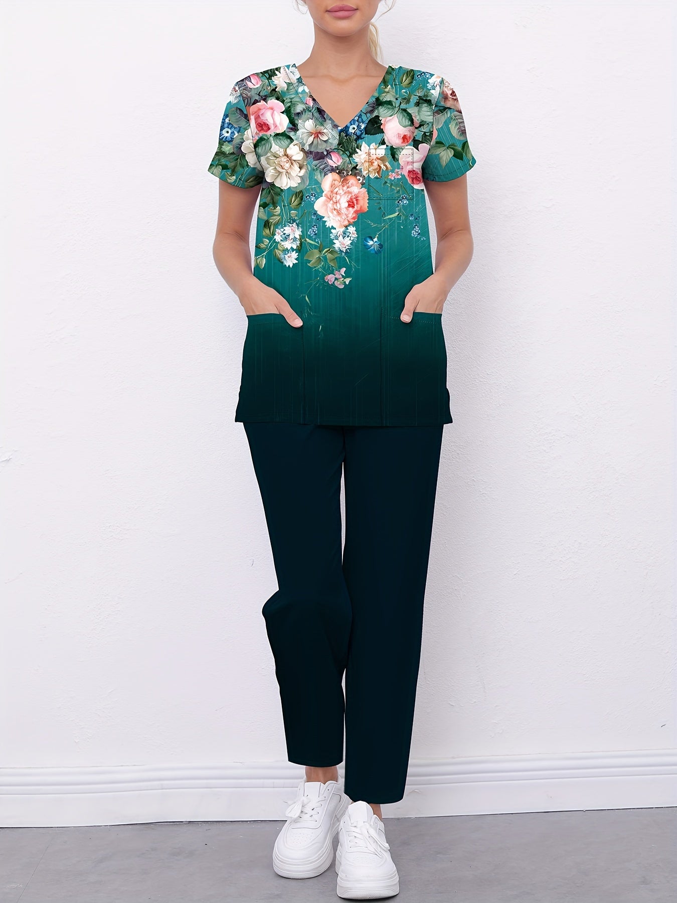 Casual Breathable Floral Print Nurse Uniform Set, Pockets Patched V Neck T-shirt & Straight Leg Pants, Women's Clothing MyFave Boutique