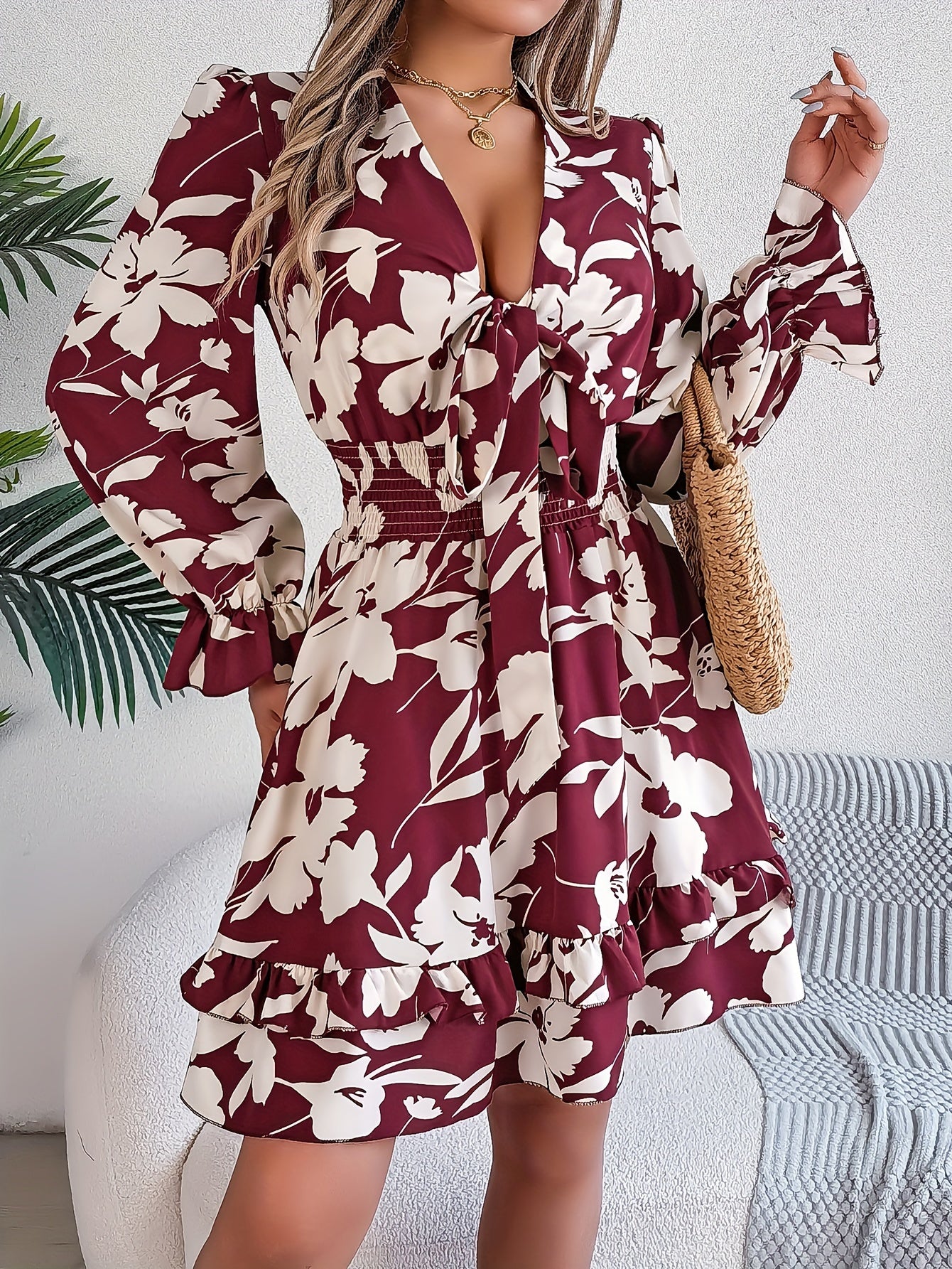 Floral Print Knot Front Dress, Elegant Long Sleeve Shirred Waist Ruffle Hem Dress For Spring & Fall, Women's Clothing MyFave Boutique