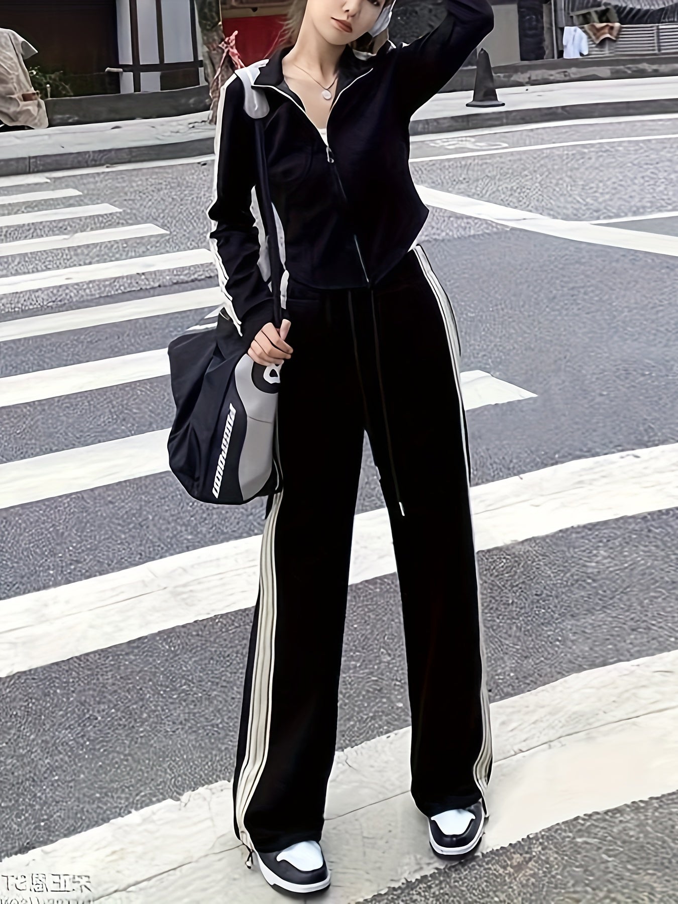 Striped Color Block Two-piece Set, Casual Sporty Long Sleeve Jacket & Slant Pocket Tie Waist Straight Leg Pants Outfits For Fall, Women's Clothing MyFave Boutique