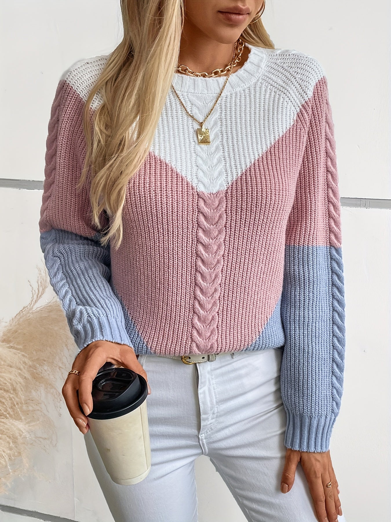 Color Block Crew Neck Pullover Sweater, Casual Long Sleeve Knitted Sweater For Fall & Winter, Women's Clothing MyFave Boutique