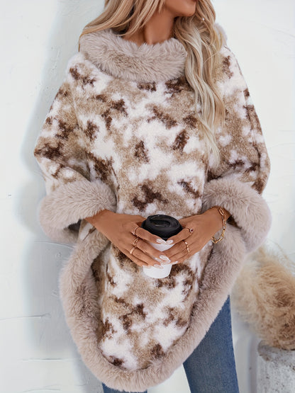 Fuzzy Knit Crew Neck Poncho, Casual Hanky Hem Long Sleeve Sweater For Fall & Winter, Women's Clothing MyFave Boutique