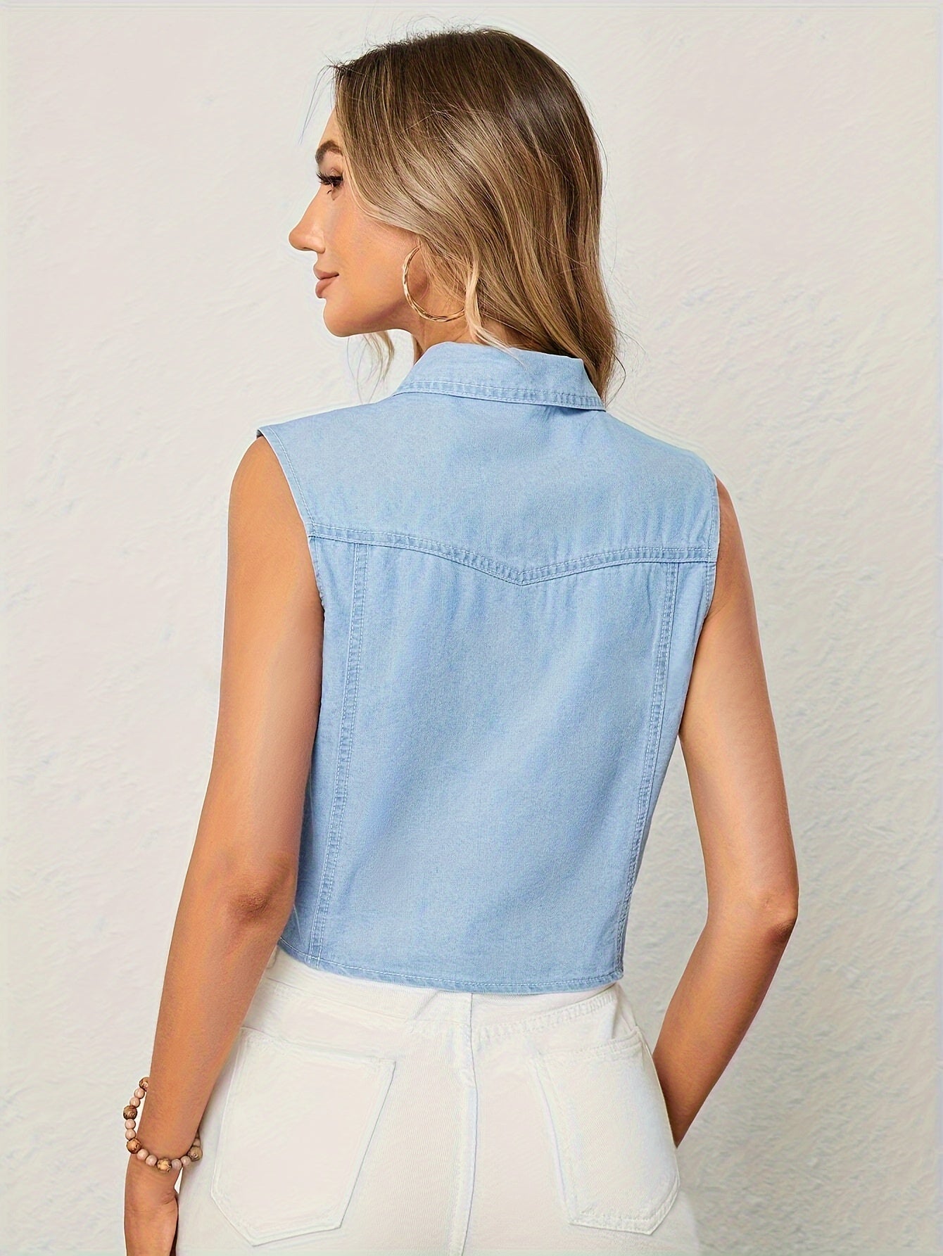 Women's Sleeveless Denim Tie-Front Shirt with Flap Pockets, Elegant Style, Chic Summer Top for Casual Wear MyFave Boutique