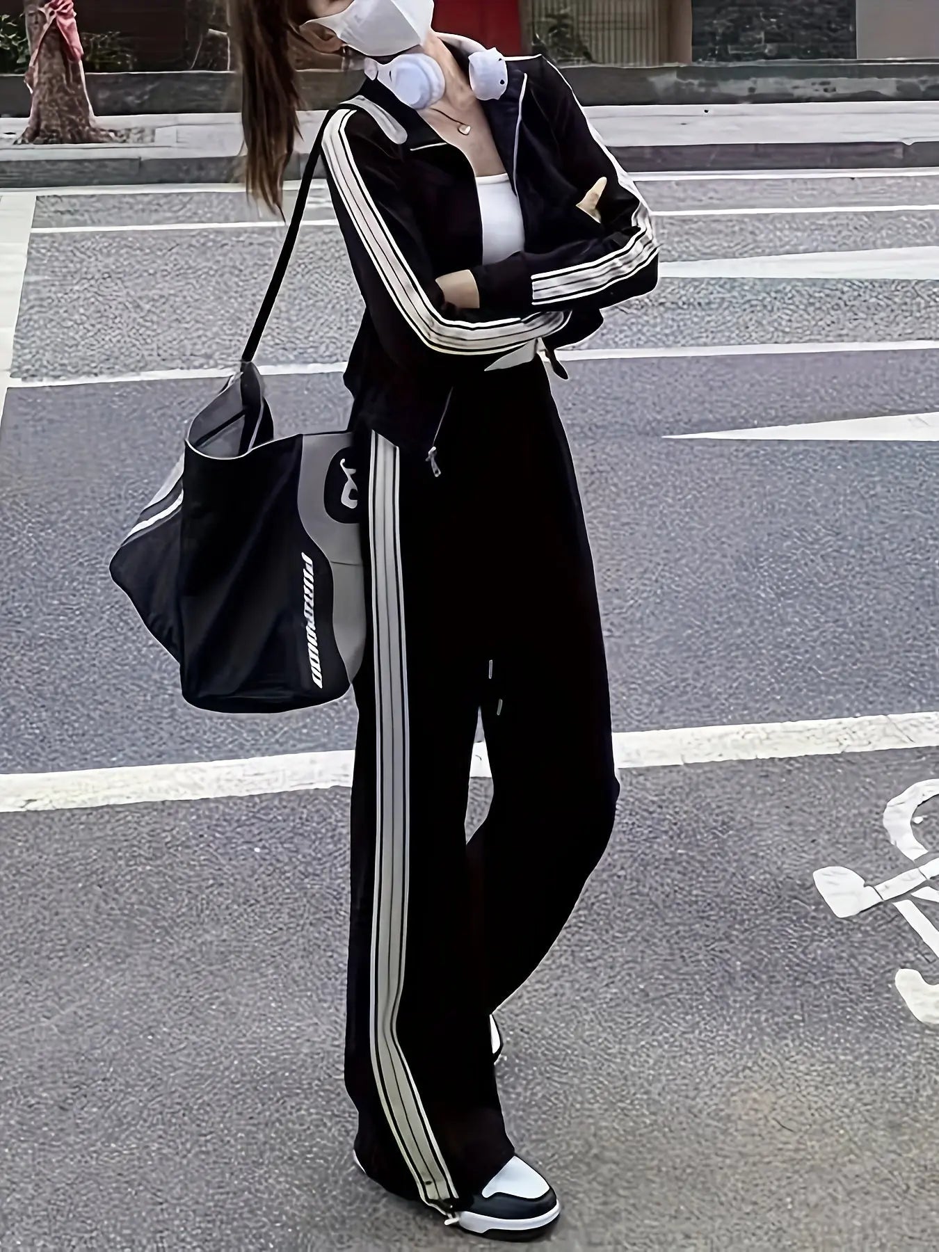 2 Pcs Striped Jacket & Pants Outfit, Long Sleeve Zip-up Jacket & Drawstring Straight Leg Pants, Women's Clothing MyFave Boutique