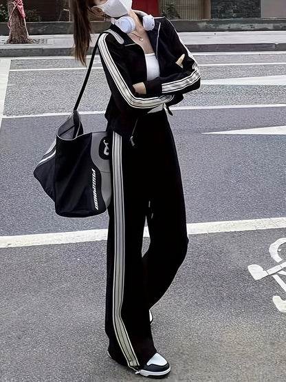 2 Pcs Striped Jacket & Pants Outfit, Long Sleeve Zip-up Jacket & Drawstring Straight Leg Pants, Women's Clothing MyFave Boutique