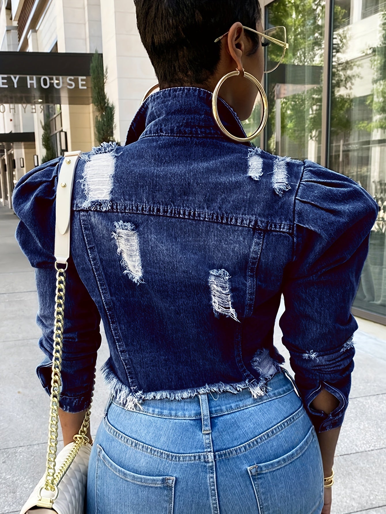 Denim Jacket With Long Bubble Sleeves For Women, Short Denim Jacket With Ripped Holes, Exposing The Belly Top MyFave Boutique