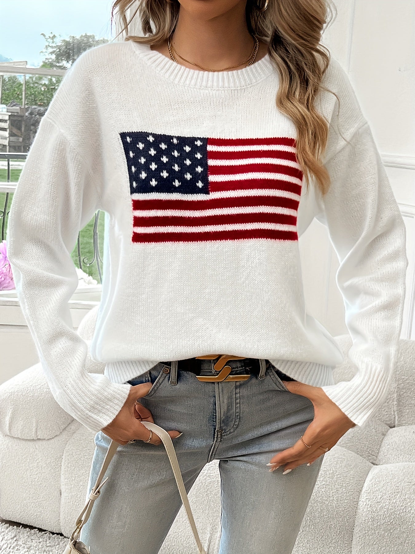 American Flag Pattern Crew Neck Sweater, Elegant Long Sleeve Sweater For Fall & Winter, Women's Clothing MyFave Boutique