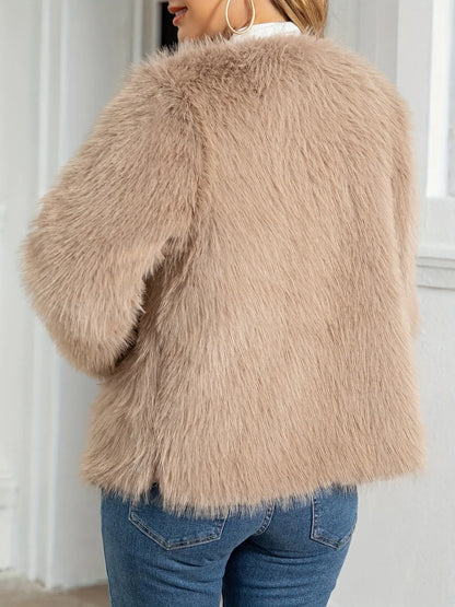 Solid Open Front Furry Cost, Elegant Long Sleeve Coat For Winter, Women's Clothing MyFave Boutique