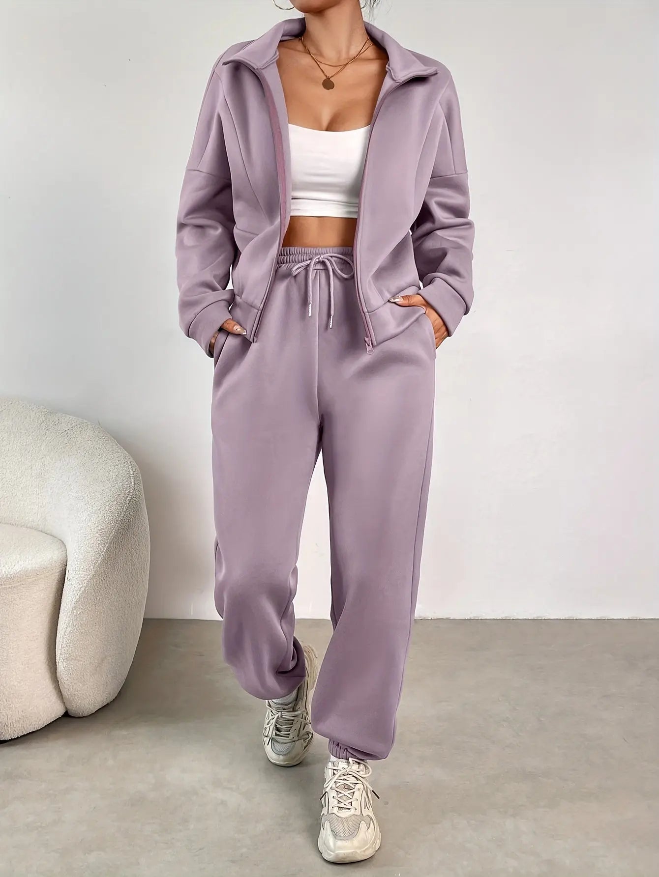 Solid Color Casual Pantsuits, Full Zip Long Sleeve Jacket & Drawstring Elastic Waist Dual Pockets Jogger Pants Outfits, Women's Clothing MyFave Boutique