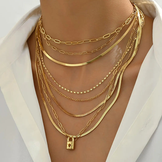 Women's Simple Style Multi-layer Necklace with Lock Head Design Pendant - Fashionable Long Chain Hip Hop Clavicle Chain, Perfect Gift for Girlfriend, Wife, or any Woman MyFave Boutique