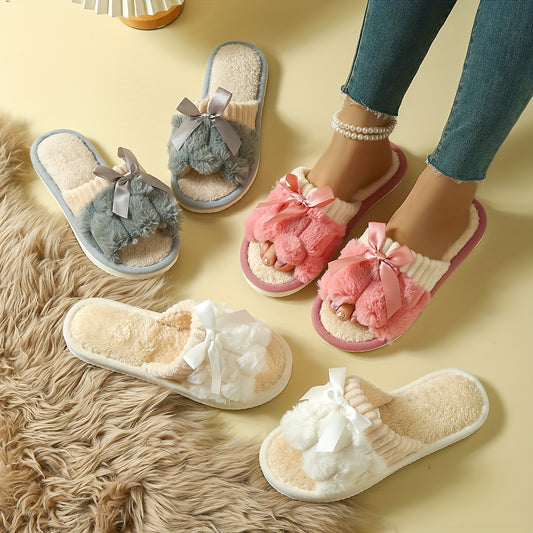 Bowknot Fluffy Home Slippers, Lightweight Soft Sole Plush Lined Bedroom Slippers, Non-slip Floor Slippers, Winter & Autumn MyFave Boutique