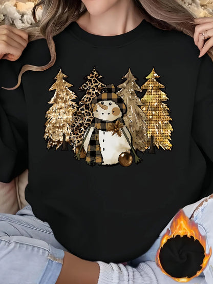 Women's Christmas Themed Polyester Sweatshirt with Applique Snowman and Trees, Casual Crew Neck Pullover for Fall/Winter - 100% Polyester Knit Fabric MyFave Boutique