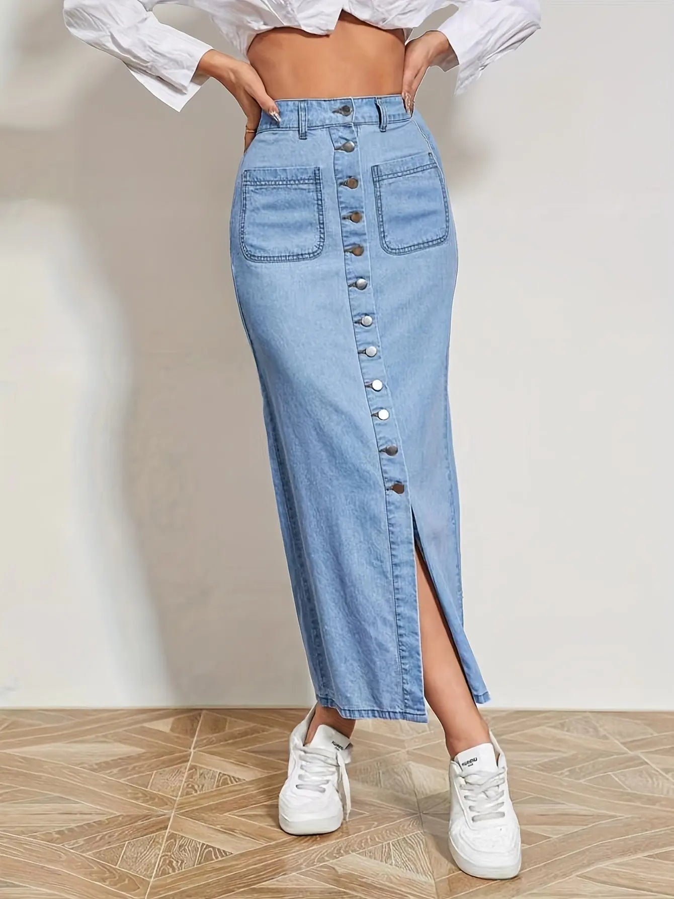 Women's Single-breasted Denim Maxi Skirt with Split Hem, Patch Pocket, and High Rise MyFave Boutique