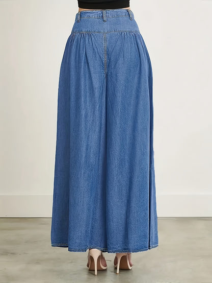 Plain Washed Blue Loose Fit Pleated Wide Leg Denim Pants, Women's Denim Jeans & Clothing MyFave Boutique