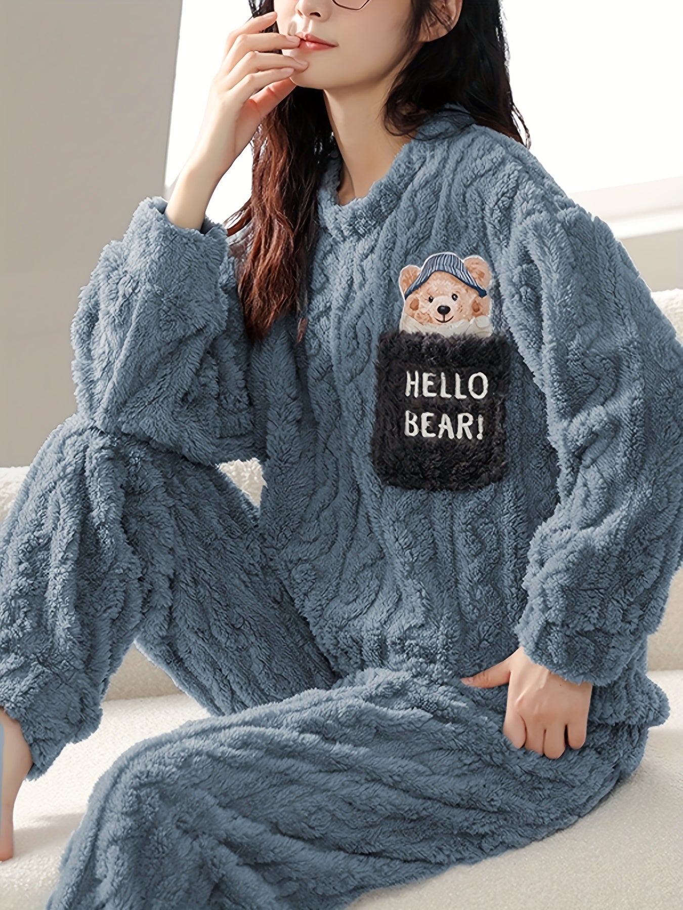 Women's Cute Bear & Letter Pattern Jacquard Fleece Thick Pajama Set, Long Sleeve Round Neck Top & Pants, Comfortable Relaxed Fit For Fall & Winter MyFave Boutique