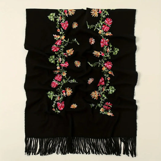 Soft Skin Friendly Scarf Imitation Cashmere Warm Tassel Shawl National Style Flower Embroidered Wrap Elegant Windproof Autumn Winter Scarf MyFave Boutique