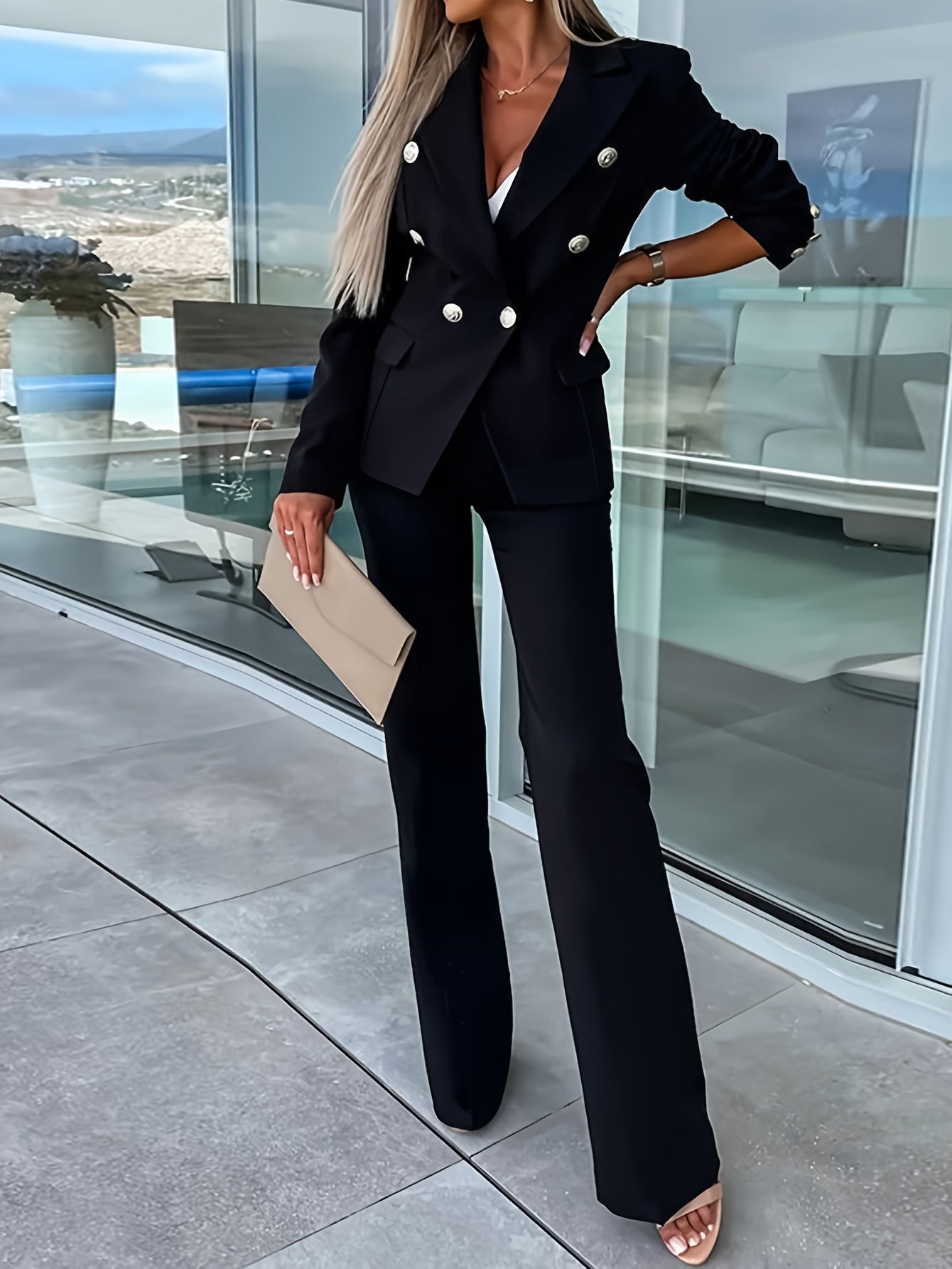 Solid Color Stylish Pantsuits, Button Front Lapel Collar Long Sleeve Blazer & Straight Leg Pants Outfits, Women's Clothing MyFave Boutique