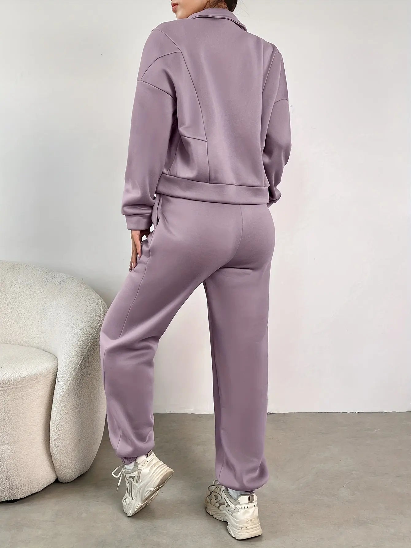 Solid Color Casual Pantsuits, Full Zip Long Sleeve Jacket & Drawstring Elastic Waist Dual Pockets Jogger Pants Outfits, Women's Clothing MyFave Boutique