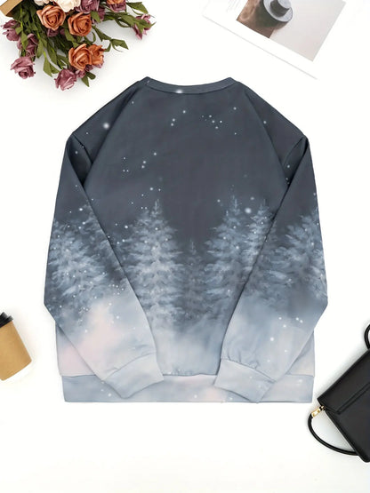 Women's Christmas Tree Snowflake Print Crew Neck Sweatshirt - 100% Polyester Casual Long Sleeve Knit Pullover for Fall/Winter MyFave Boutique