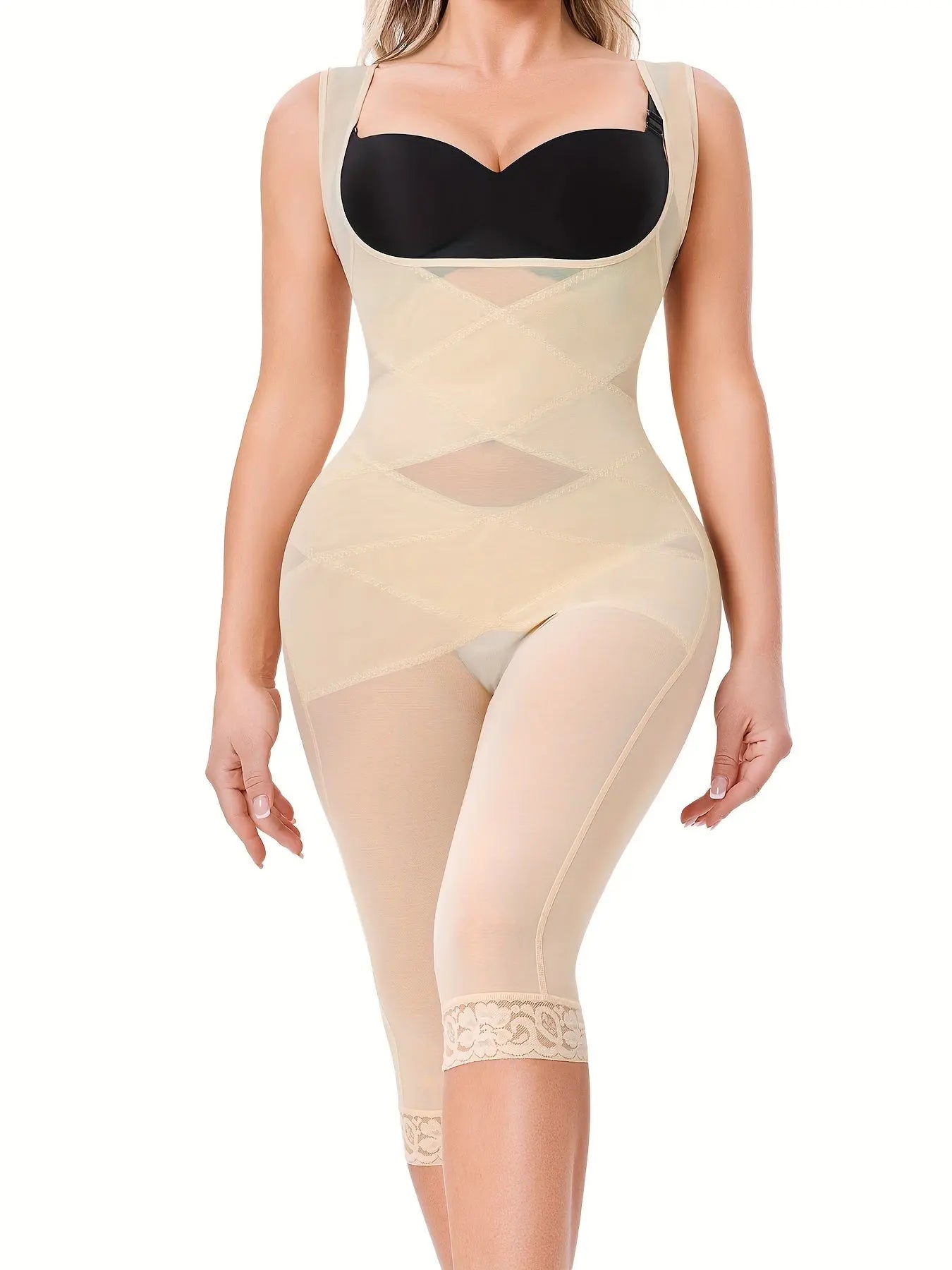 Women's Nylon Spandex Square Neck Sexy Unitard with Sheer Mesh Detail, Festive Capri-Length Body Shaper Jumpsuit with Lace Trim, All-Season Skinny Contour Knit Fabric Shapewear for Adults MyFave Boutique