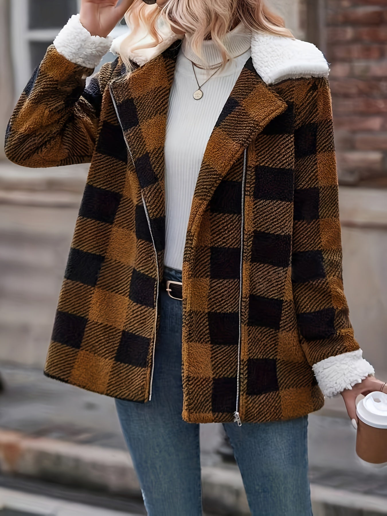 Plaid Pattern Zipper Collared Coat, Stylish Color Block Long Sleeve Coat For Fall & Winter, Women's Clothing MyFave Boutique