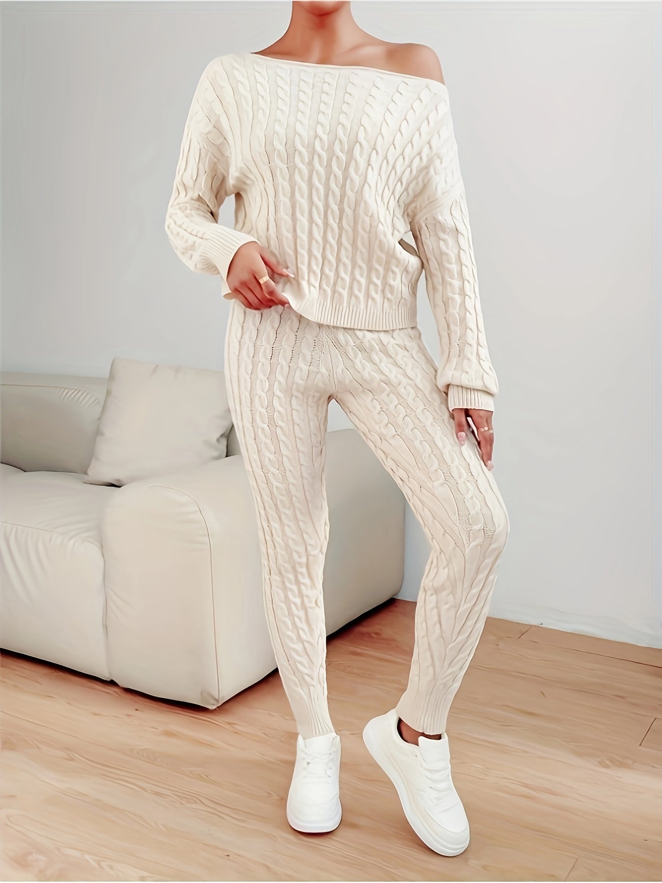 Cable Knit Solid Casual Two Piece Set, Long Sleeve Sweater & Skinny Pants Outfits, Women's Clothing MyFave Boutique