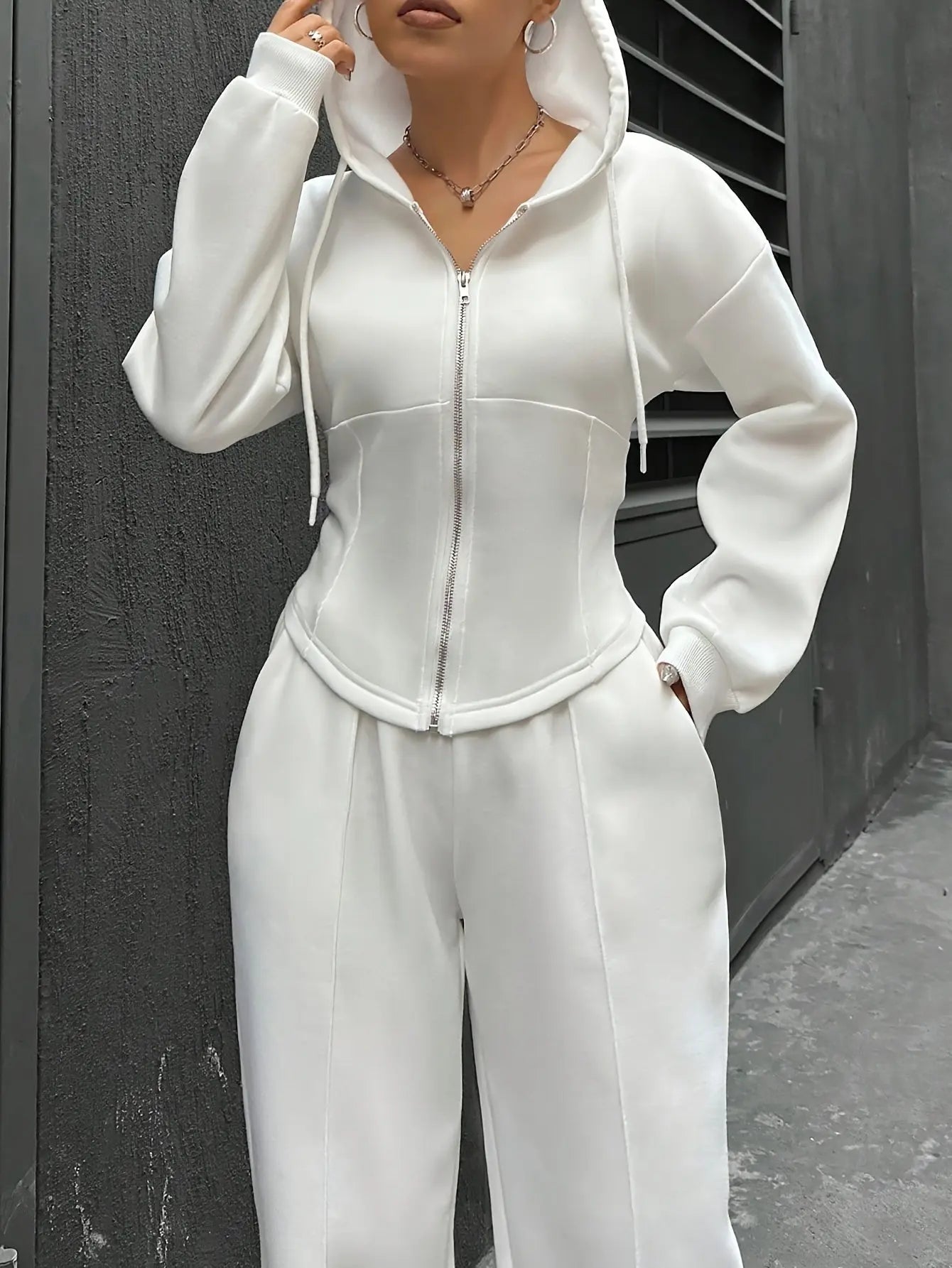 Elegant Women's Hooded Tracksuit - 100% Polyester Solid Color Knit Fabric Zippered Jacket and Drawstring Pants Set for All Seasons MyFave Boutique