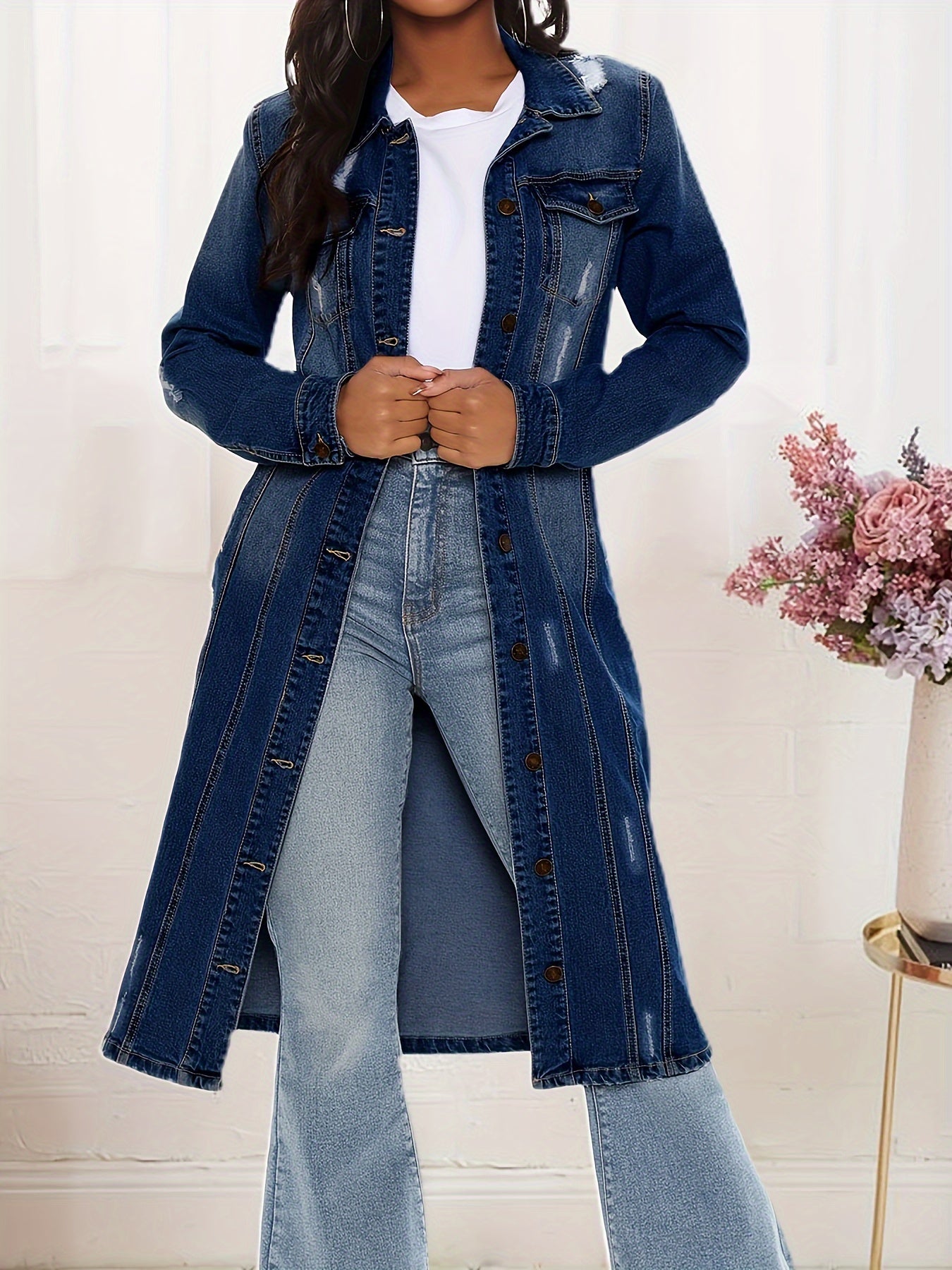 Women's Lapel Button Vintage Slim Denim Long Jacket MyFave Boutique