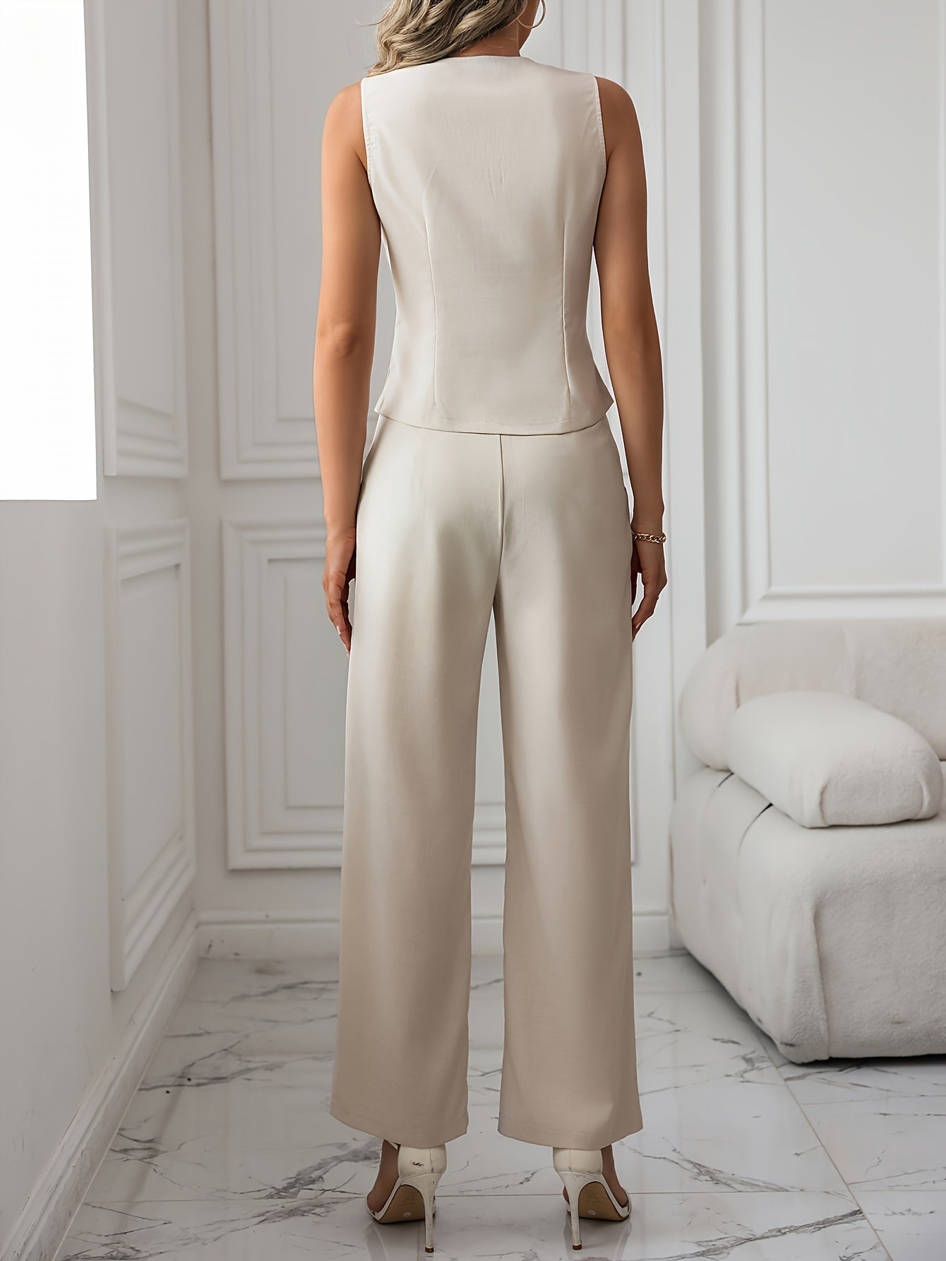 Solid Color Elegant Pantsuits Set, Single Breasted Vest & Flare Leg Pants Outfits, Women's Clothing MyFave Boutique