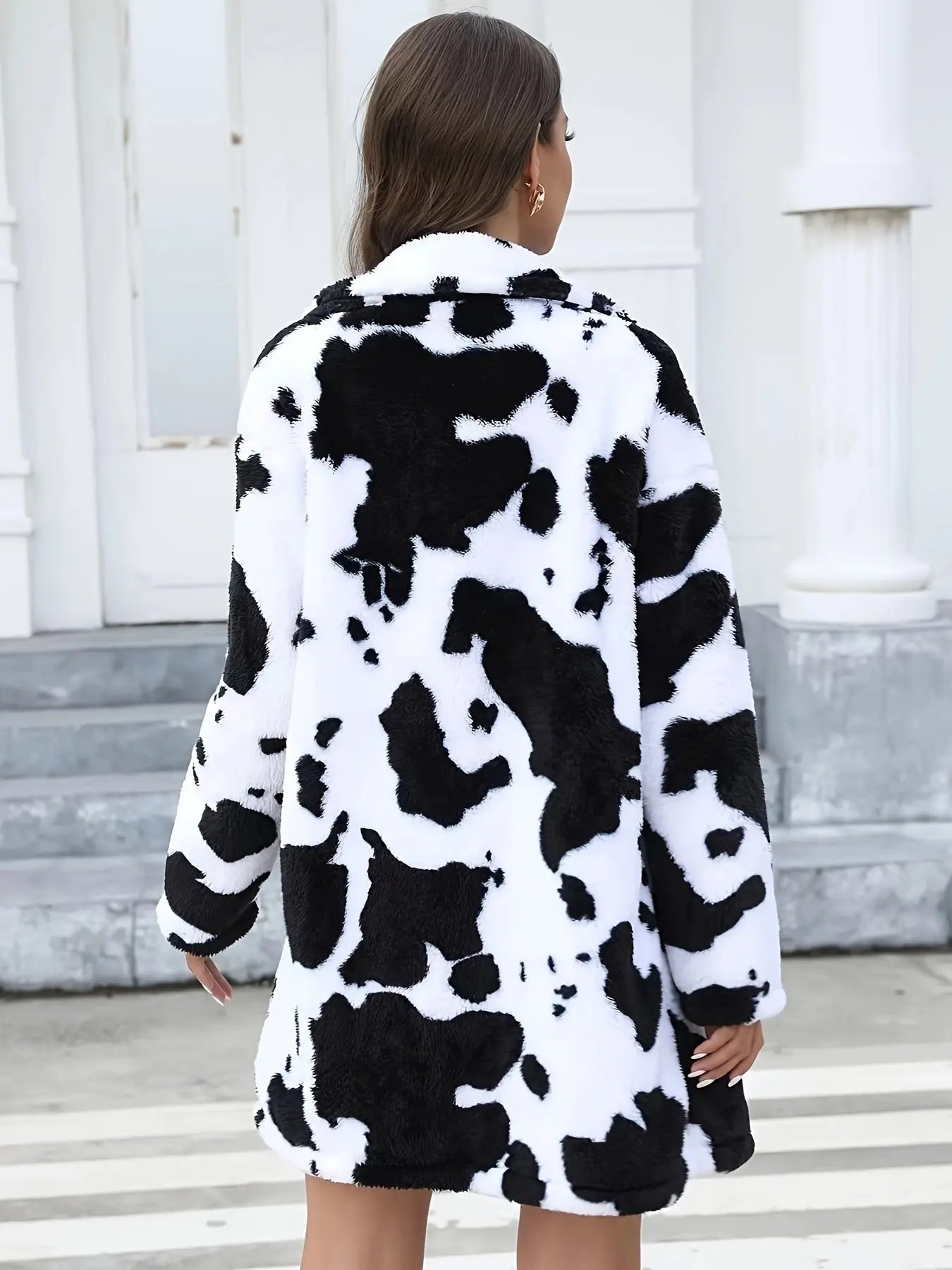 Women's Dalmatian Print Thermal Long Sleeve Lapel Coat, Fall & Winter Plush Coat MyFave Boutique