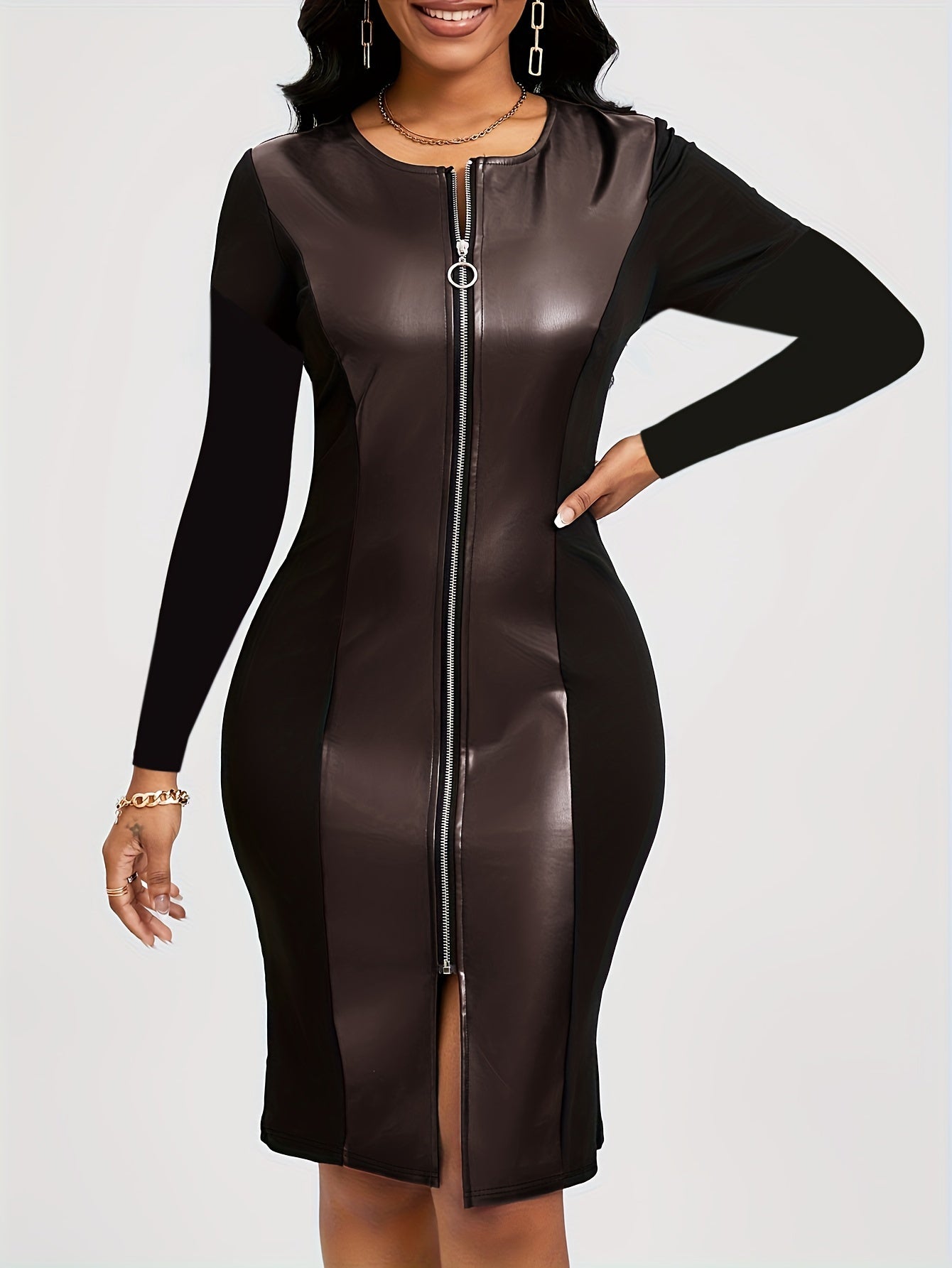 Faux Leather Zipper Front Dress, Elegant Long Sleeve Split Hem Bodycon Dress For Spring & Fall, Women's Clothing MyFave Boutique