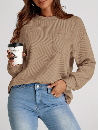 New Fashion Autumn/Winter Women's Casual Texture Long Sleeve Top Loose Commuter Round Neck Hoodie With Pocket MyFave Boutique