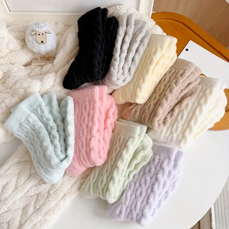 9 Pairs Solid Twist Plush Socks, Cute & Warm Mid Tube Socks For Fall & Winter, Women's Stockings & Hosiery MyFave Boutique