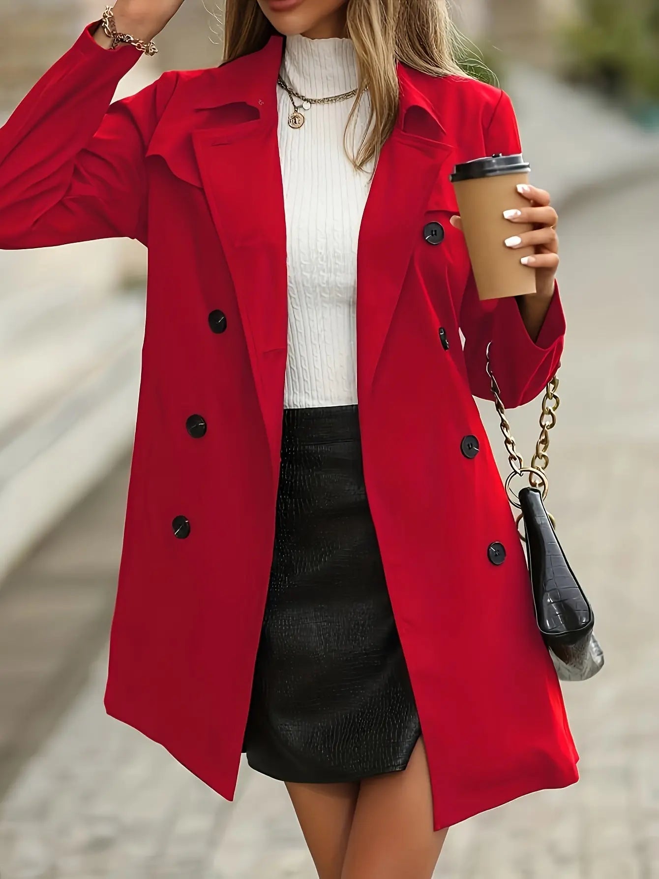 Women's Classic Double Breasted Red Trench Coat with Belt, Casual Solid Color Polyester Long Jacket with Button Details, Woven Outerwear MyFave Boutique