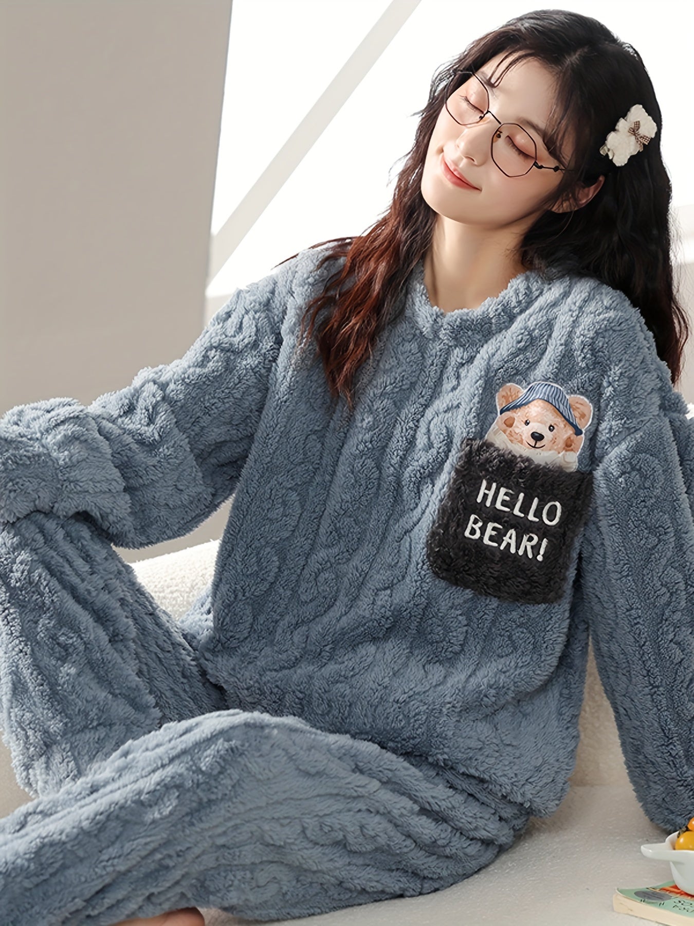 Women's Cute Bear & Letter Pattern Jacquard Fleece Thick Pajama Set, Long Sleeve Round Neck Top & Pants, Comfortable Relaxed Fit For Fall & Winter MyFave Boutique