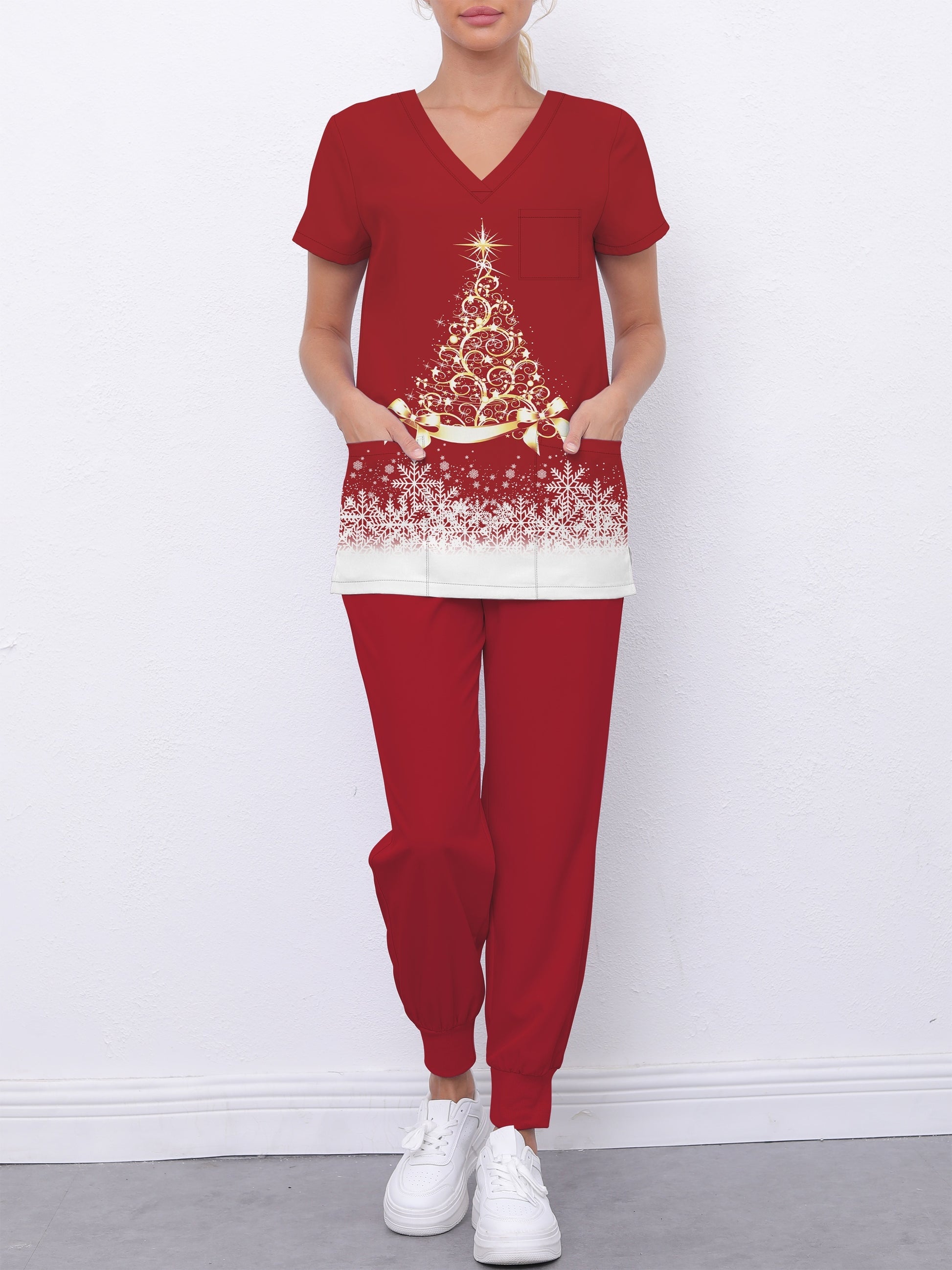 Women's Christmas Themed V-Neck Scrub Set with Pockets, Polyester and Elastane Blend, Casual Style, Slight Stretch Fabric, Regular Sleeve, All-Season Woven Uniform with Elastic Hem Pants MyFave Boutique