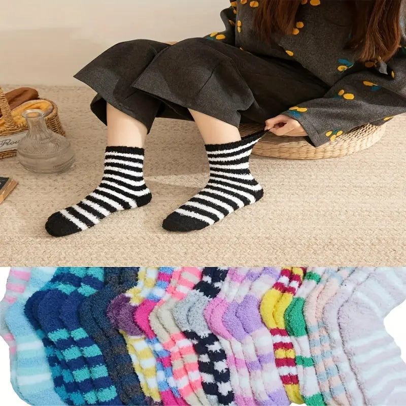 10-Pair Pack Winter Striped Polyester Knee-Length Warm Floor Stockings for Women - 95% Polyester 5% Spandex - Cozy Coral Fleece Thickened Sleepwear & Maternity Wear - Hand Washable Knit Fabric MyFave Boutique