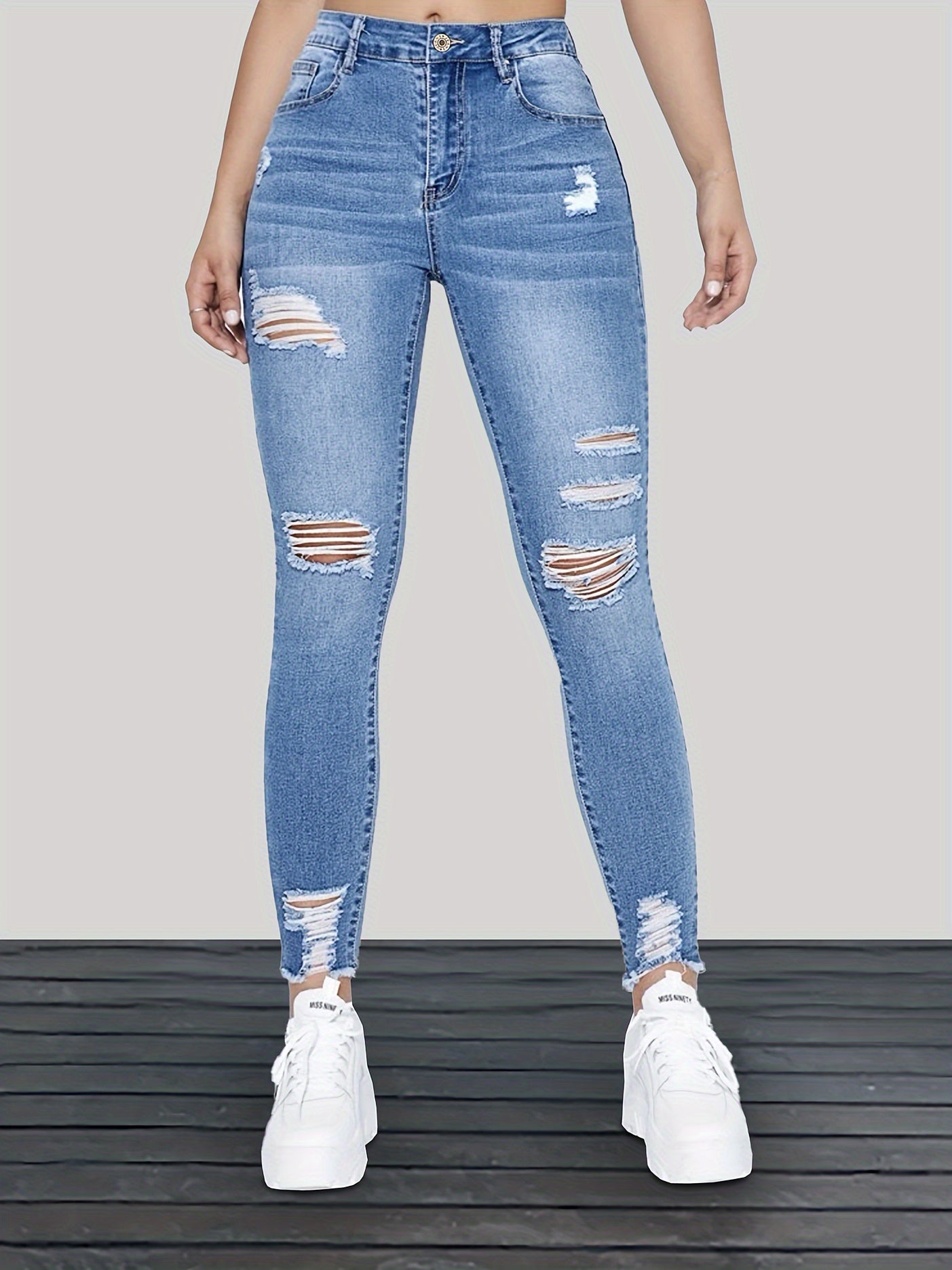 Womens Distressed Ripped Skinny Jeans - Comfortable High Stretch, Fashionable Washed Finish, Flattering Slim Fit with Trendy Raw Hem - Casual Denim Clothing MyFave Boutique