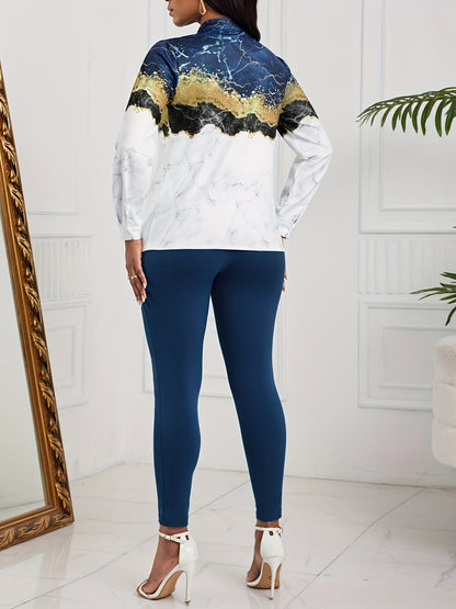 two-piece Women's Marble Print Casual Set with Button Front Shirt and Slim Pants - Stylish and Comfortable Outfit with Belt Included MyFave Boutique