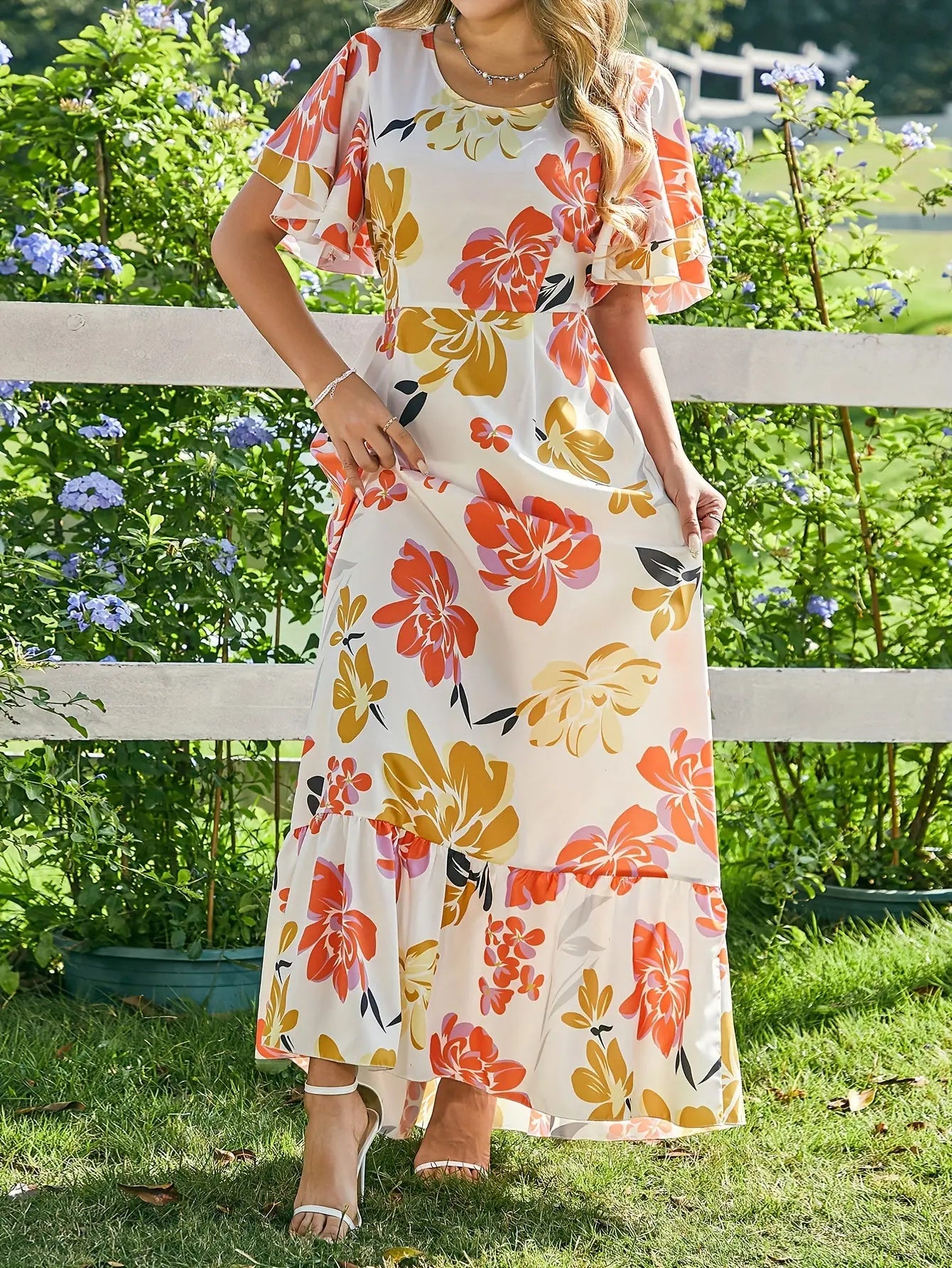 Floral Maxi Dress with Ruffle Hem and Flutter Sleeves - Elegant Women's Spring and Summer Dress MyFave Boutique