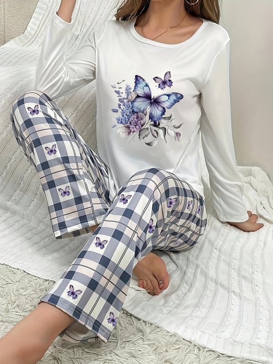 Women's Fall/Winter Casual Pajama Set with Butterfly Print - Crew Neck Long Sleeve Top and Plaid Long Pants - Comfortable Loose Fit, Polyester Knit Fabric with Elastane, Adult Sleepwear MyFave Boutique