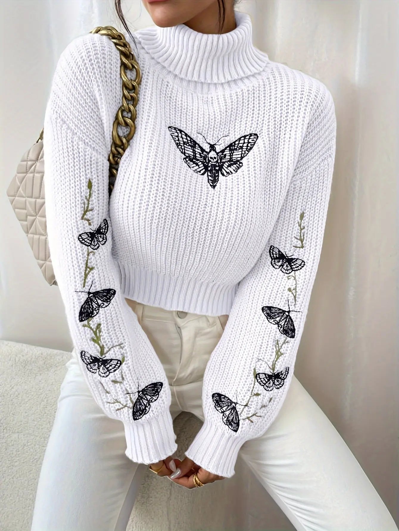 Butterfly Print Turtle Neck Long Sleeve Crop Sweater for Women MyFave Boutique