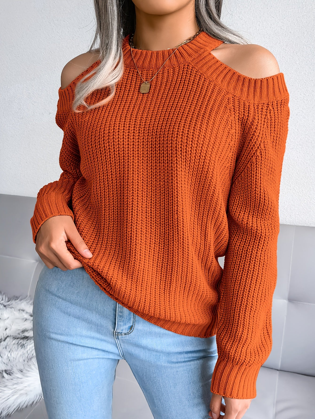 Solid Color Crew Neck Cold Shoulder Knitted Tops, Casual Everyday Pullover Sweaters, Women's Clothing MyFave Boutique