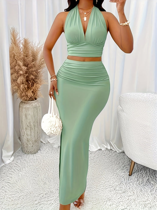 two piece Halter Neck Sleeveless Top & Bodycon Split Skirt Set, Elegant Solid Women's Outfit MyFave Boutique