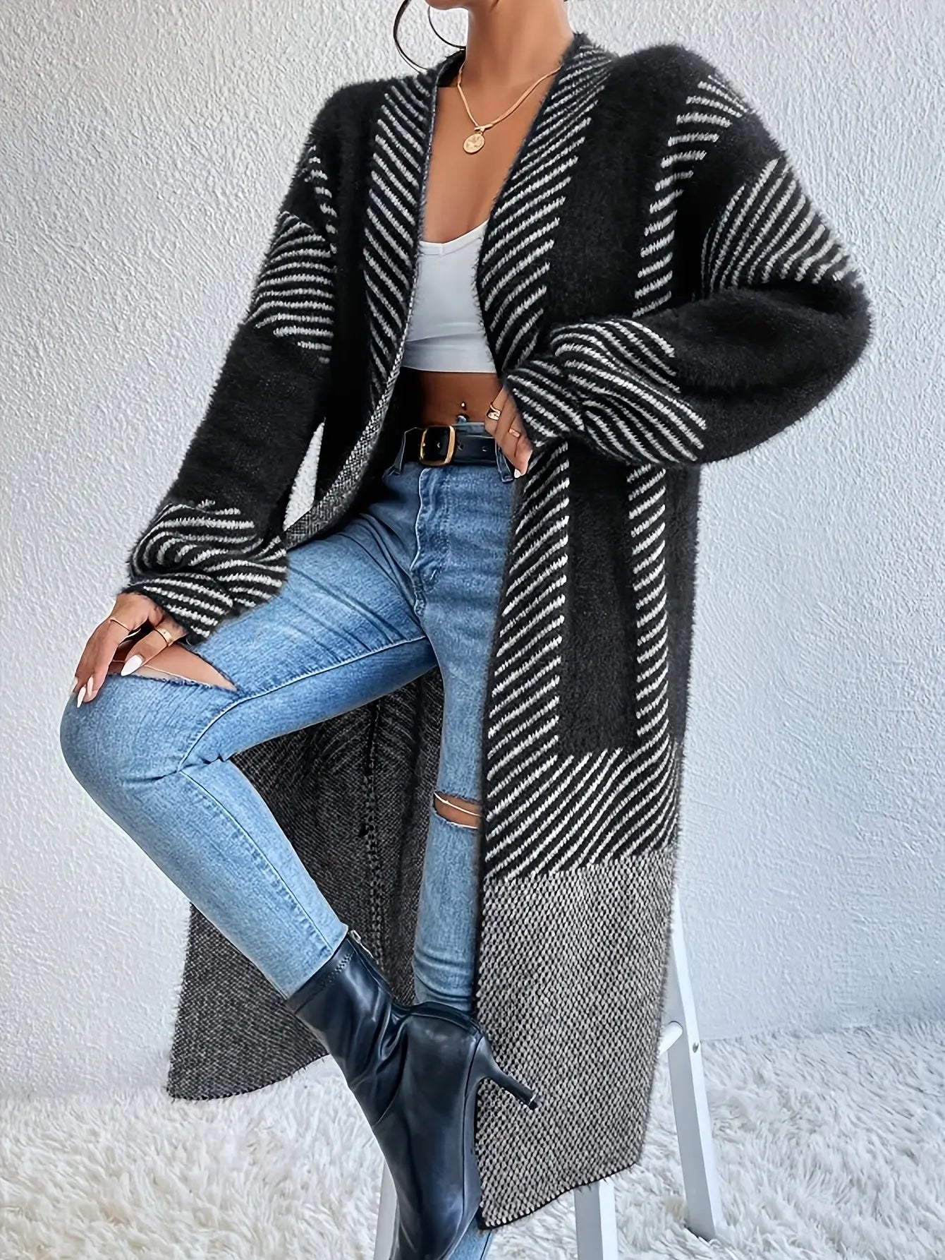 Color Block Striped Knit Cardigan, Casual Open Front Long Length Sweater Coat For Fall & Winter, Women's Clothing MyFave Boutique