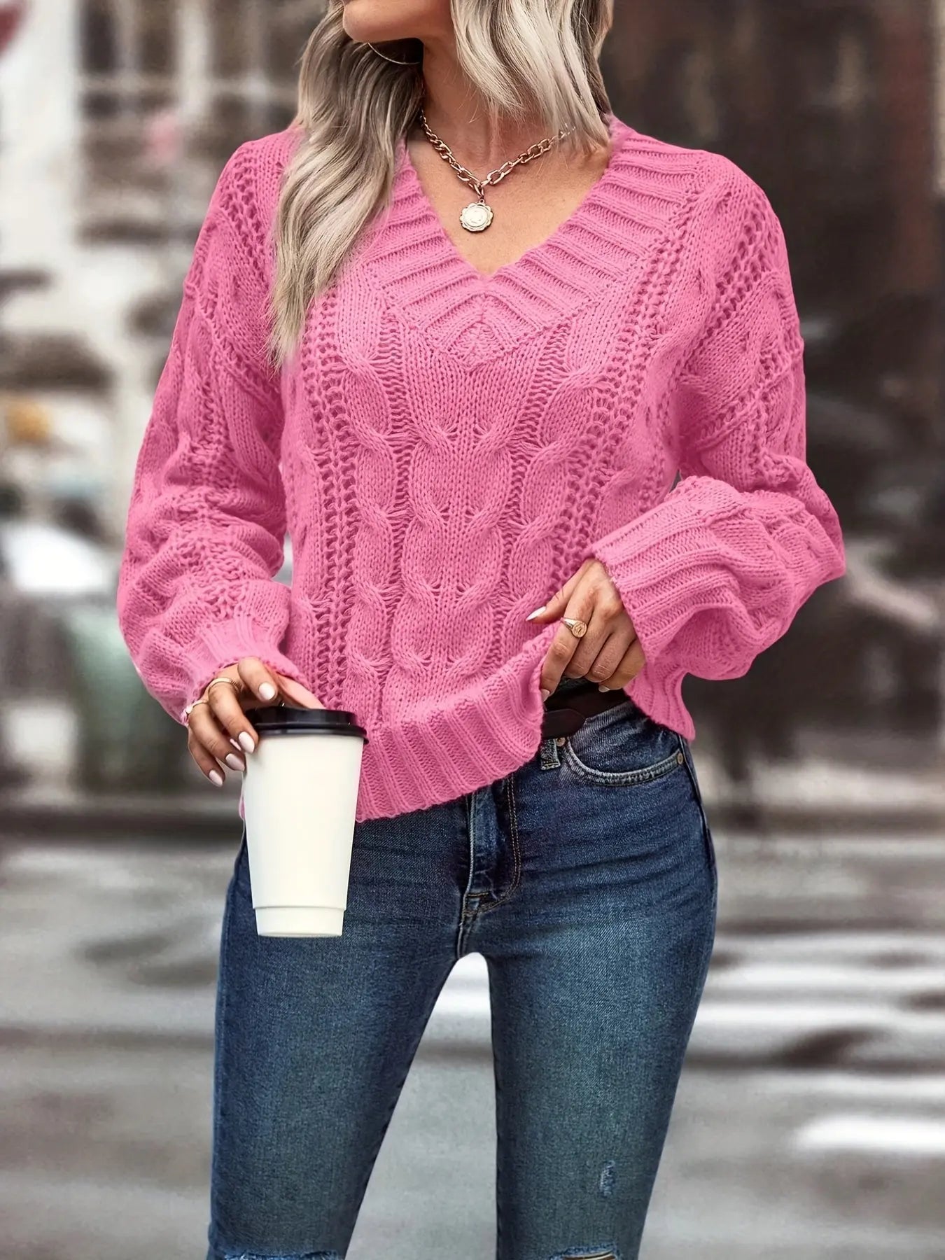 Solid V Neck Cable Knit Sweater, Casual Long Sleeve Sweater For Fall & Winter, Women's Clothing MyFave Boutique