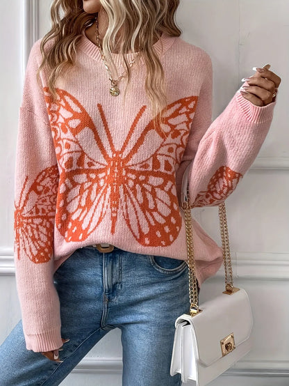 Elegant Butterfly Print Drop Shoulder Sweater for Women, Long Sleeve Fall Winter Cozy Knitwear MyFave Boutique